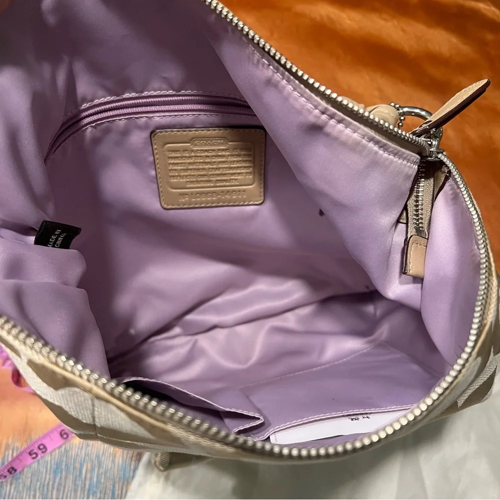 Coach Hobo Tan Shoulder Bag Signature Monogram Light Khaki Sand Lavender